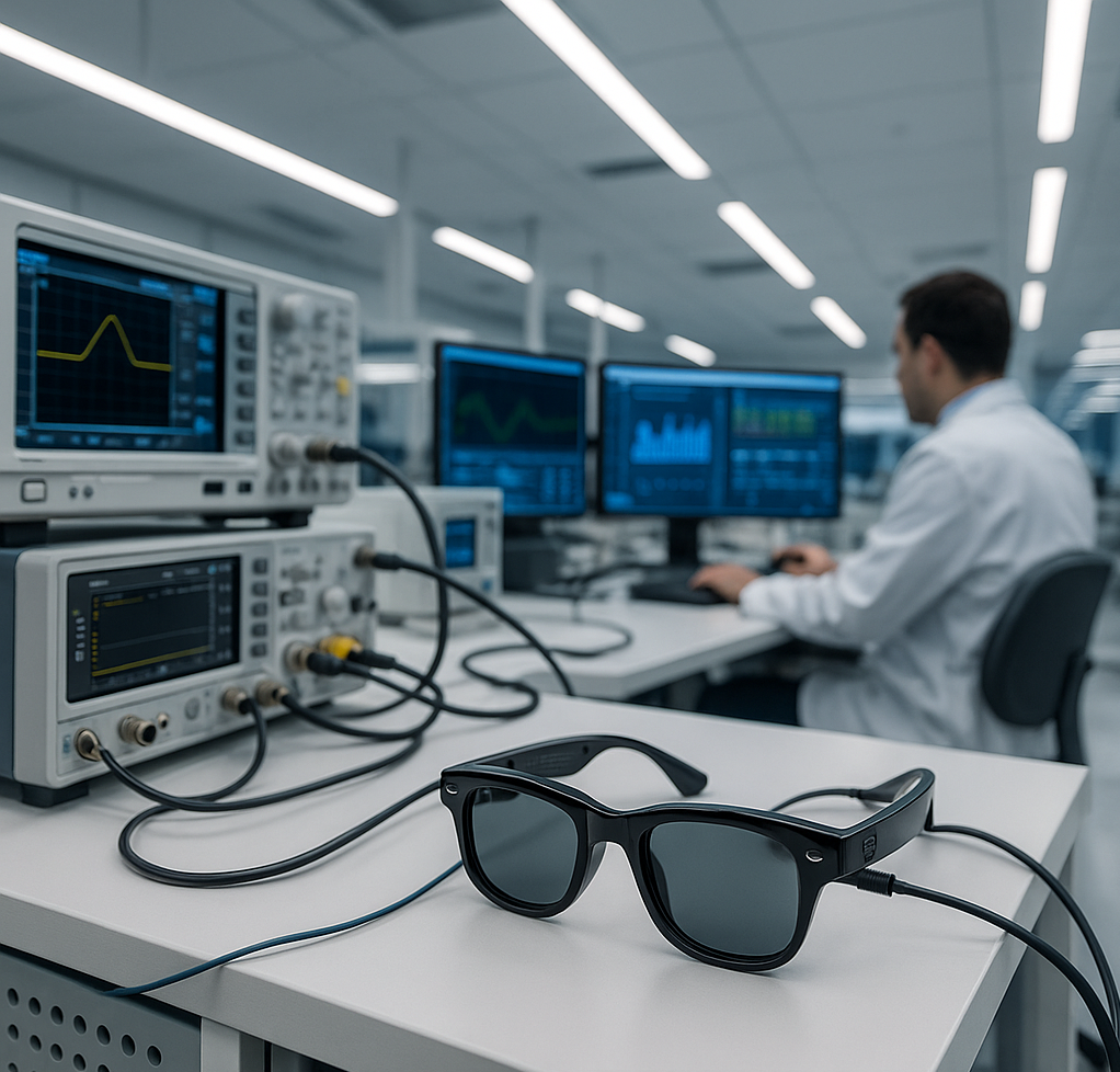 Meta’s Sunnyvale site, peering at a pair of Ray‑Ban Meta smart glasses sitting on a test bench. Meta’s Sunnyvale site, peering at a pair of Ray‑Ban Meta smart glasses sitting on a test bench.