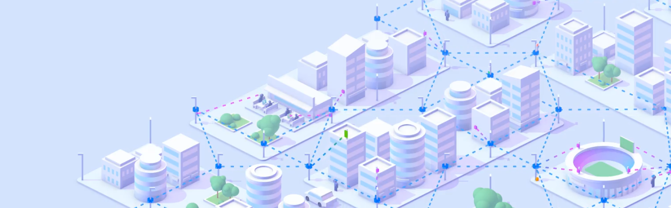 A low poly city shows an example mesh network of phased-array antennas connecting across buildings.